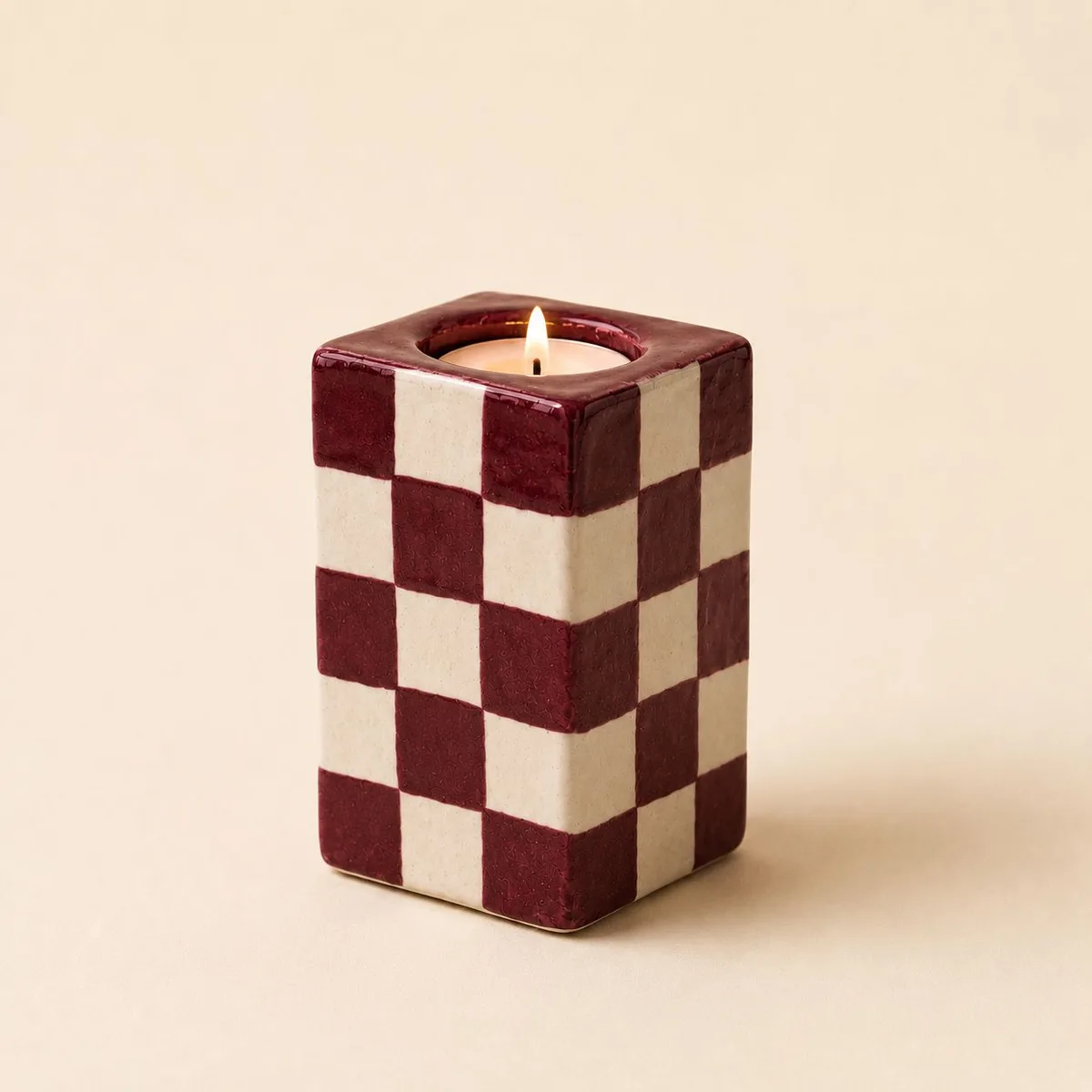 Burgundy Checker Candle Holder